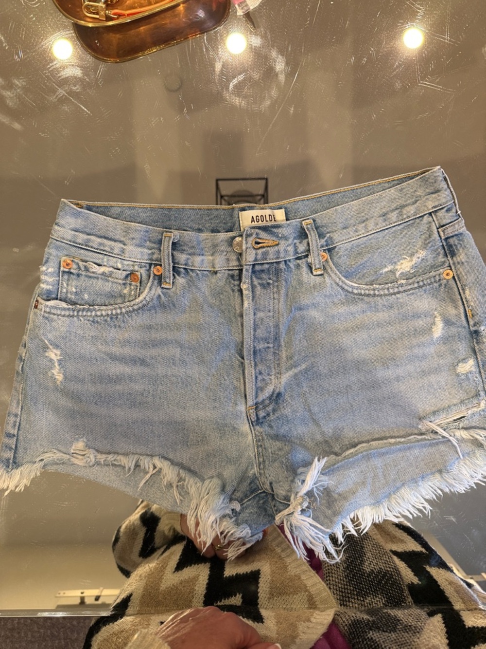 Agolde Light Blue Distressed Frayed Denim Cutoff Shorts